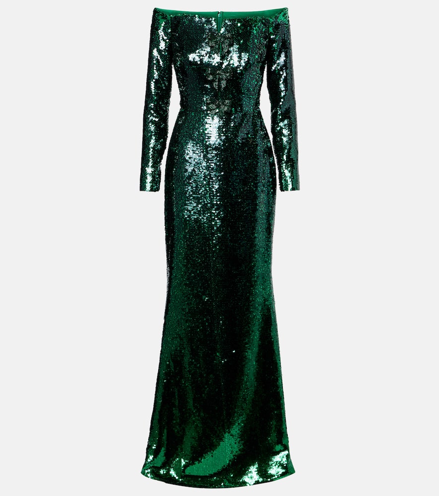 Elie Saab Sequined Off-shoulder Gown In Green