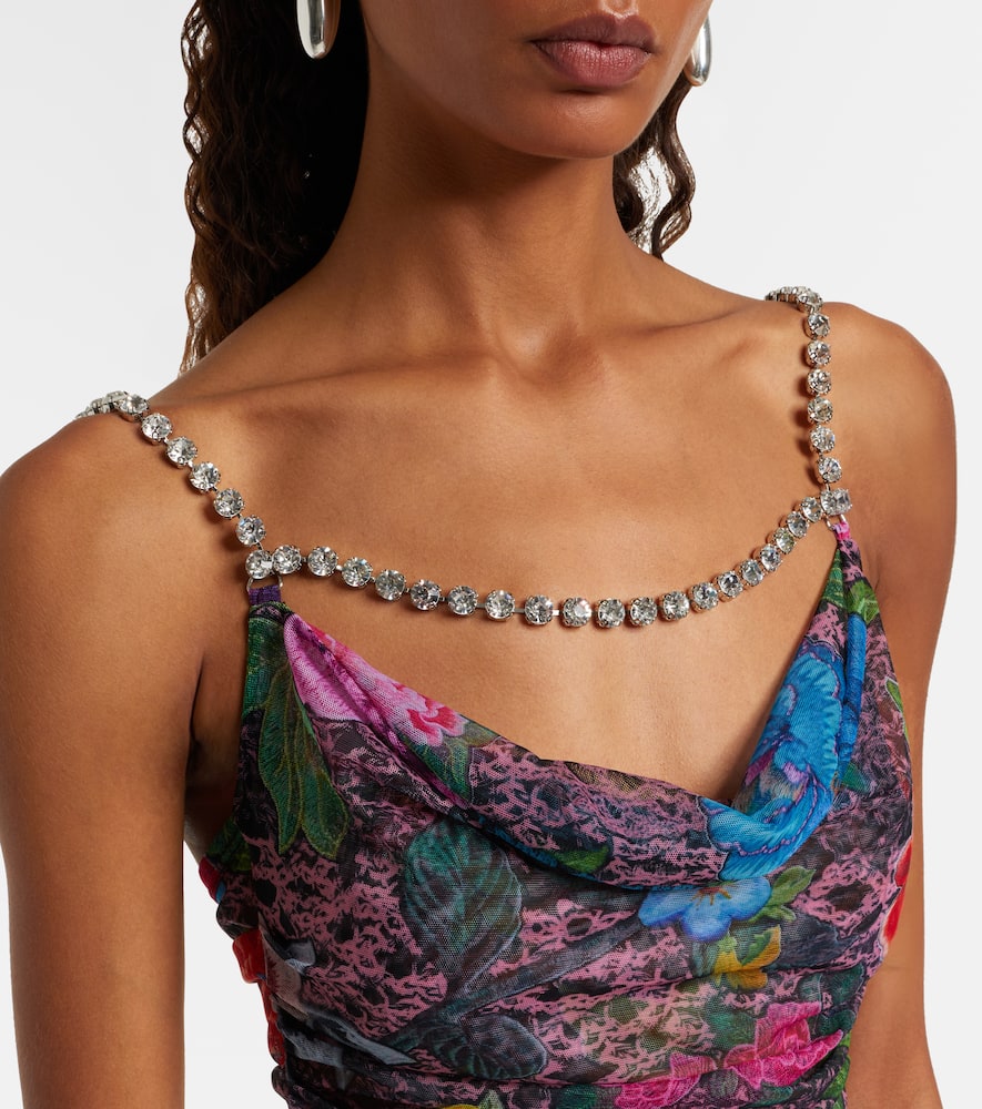 Area Crystal Embellished Printed Tulle Mini Dress In Multi