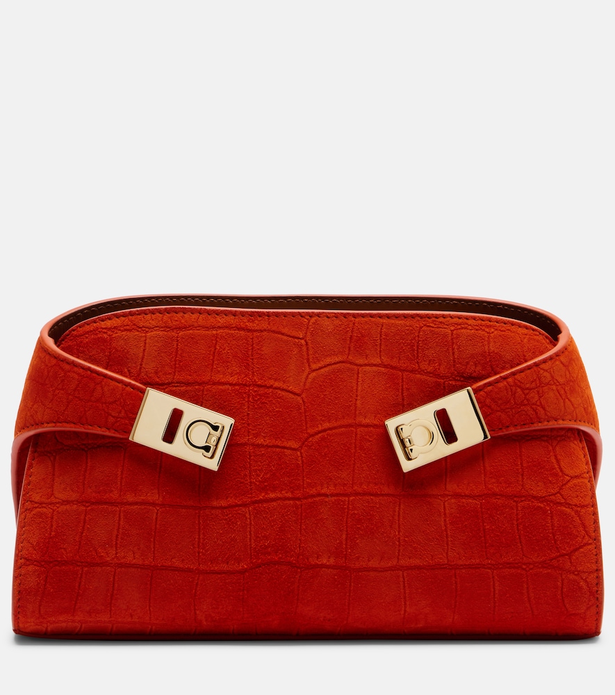 Ferragamo Hug Small Croc-effect Suede Clutch In Orange