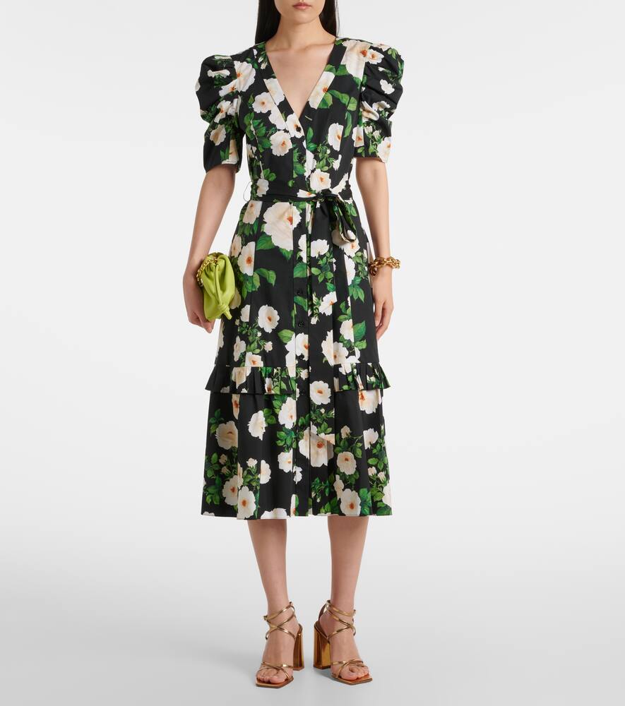 Shop Carolina Herrera Floral Cotton-blend Midi Dress In Black