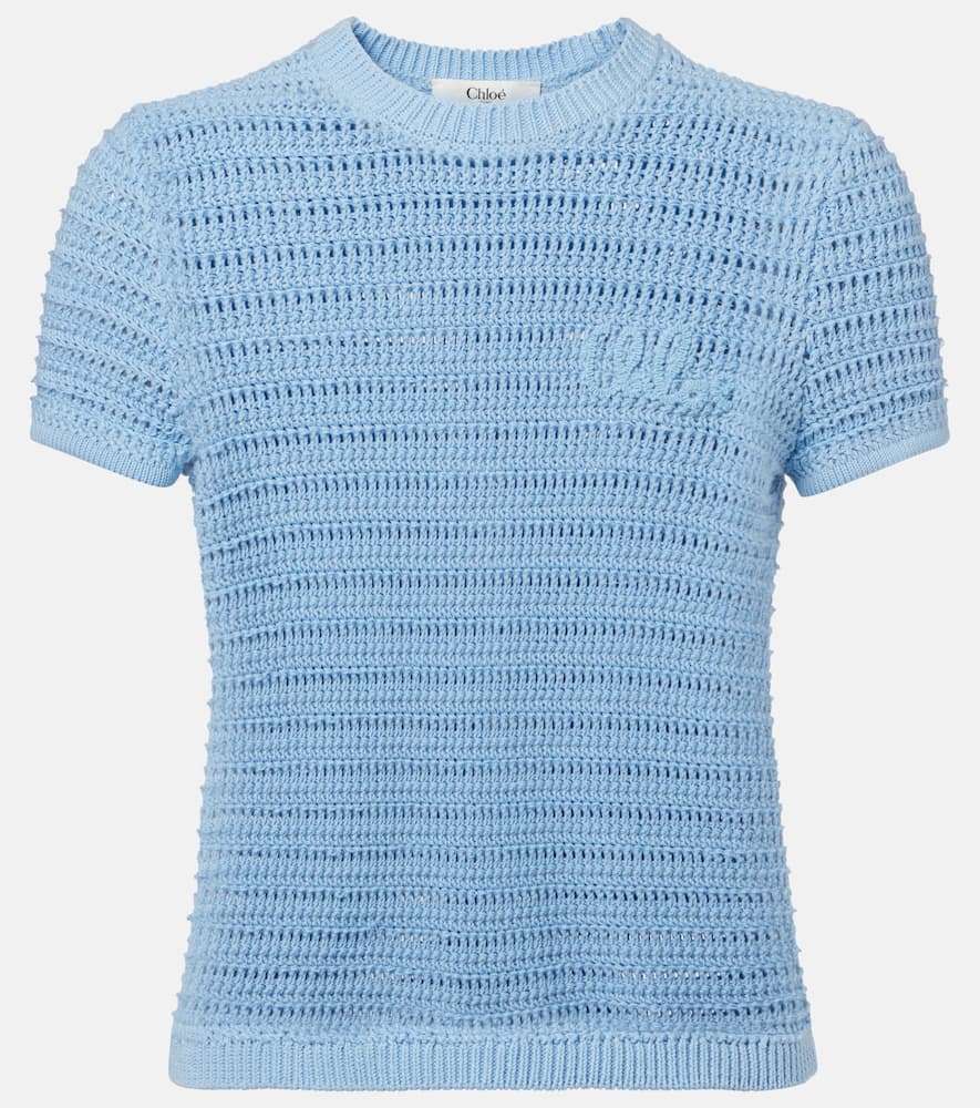 Chloé Embroidered Crocheted Cotton T-shirt In Blue