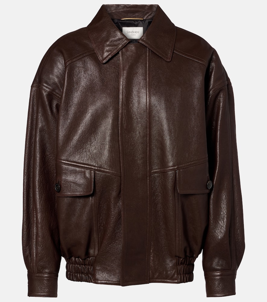 Saint Laurent Long Sleeve Leather Jacket In Brown
