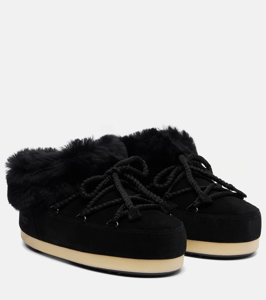 Moon Boot Evx Shearling-trimmed Suede Mules In Black