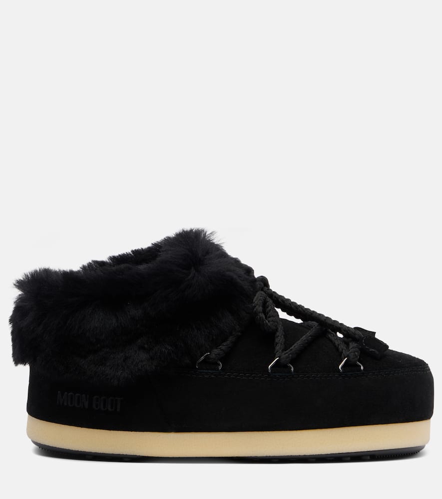 Moon Boot Evx Shearling-trimmed Suede Mules In Black