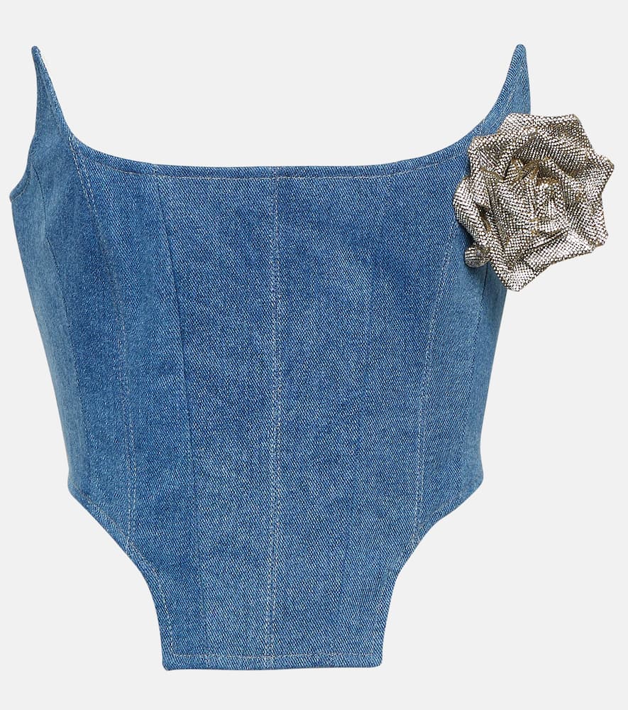 Floral-appliqué denim bustier