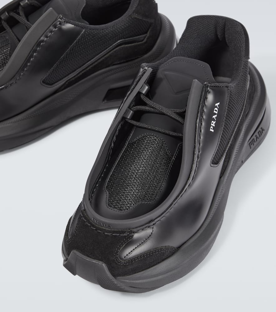 Prada Brushed-leather Sneakers With Bike Fabric And Suede Elements In Black