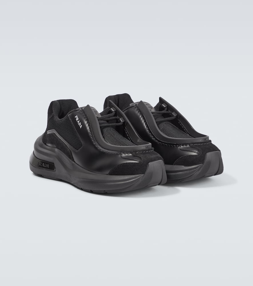 Prada Brushed-leather Sneakers With Bike Fabric And Suede Elements In Black