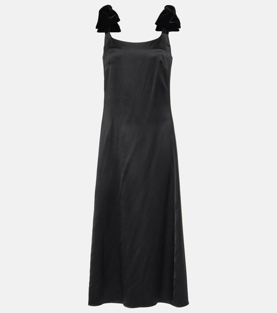 Chloé Bow-embellished Velvet-trimmed Wool And Silk-blend Satin Midi Dress In Black