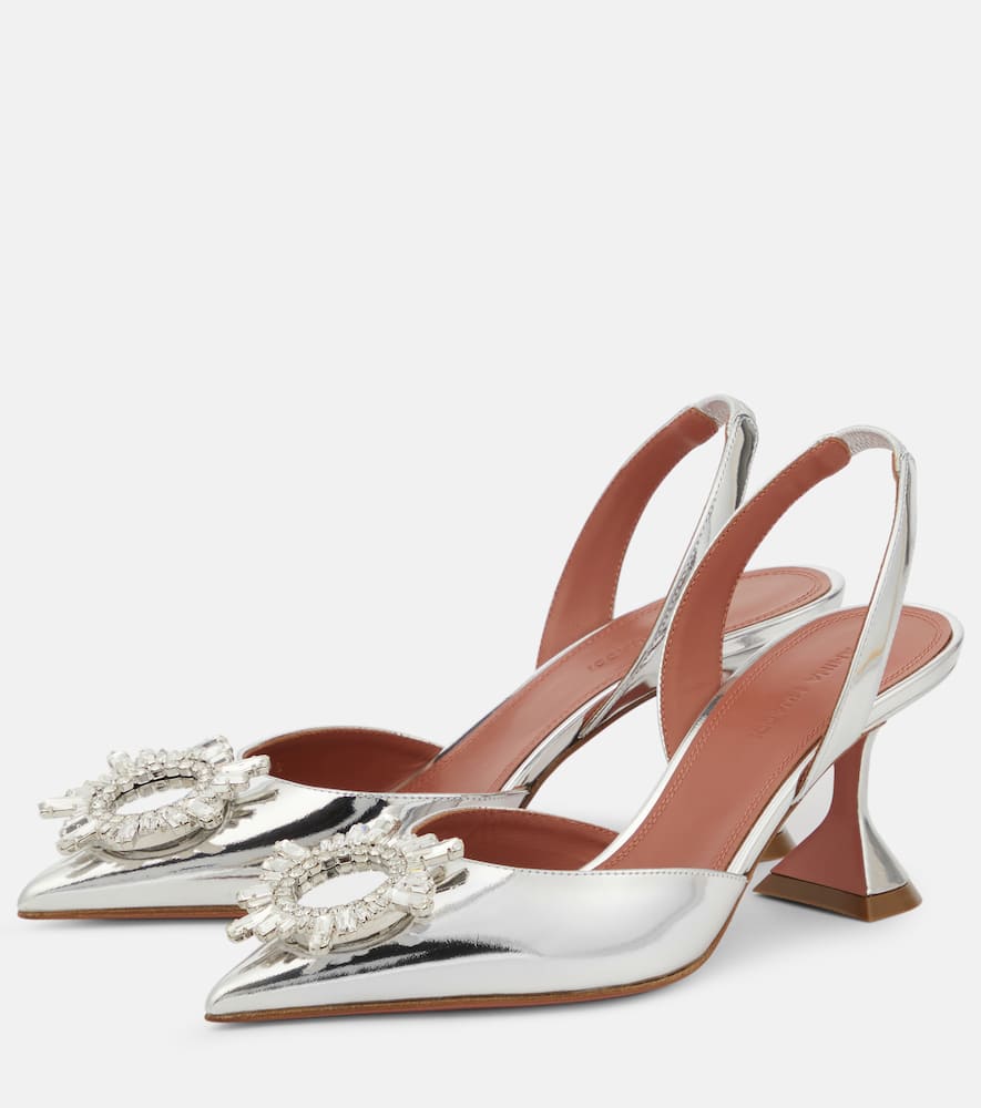 Amina Muaddi Rosie Sling 95 Dark Grey Mirror Patent Pumps In Silver