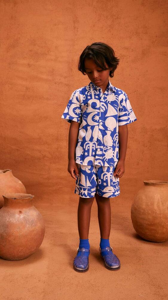 Fabula Printed Cotton Shirt In Est Beirinha Fundo Azul Cannes