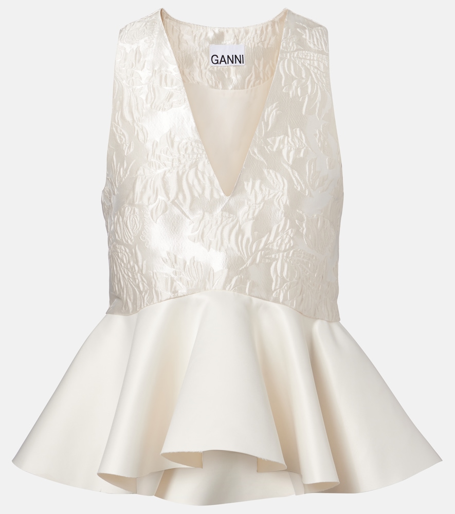 Ganni Women's White Peplum Satin Cloque Top UK Size 6 - Mytheresa