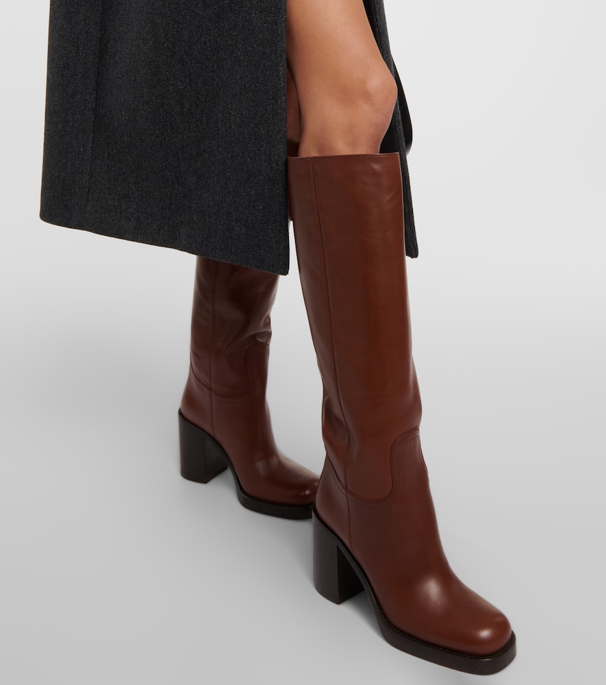 Prada Leather Knee-length Boots Block Heel In Brown