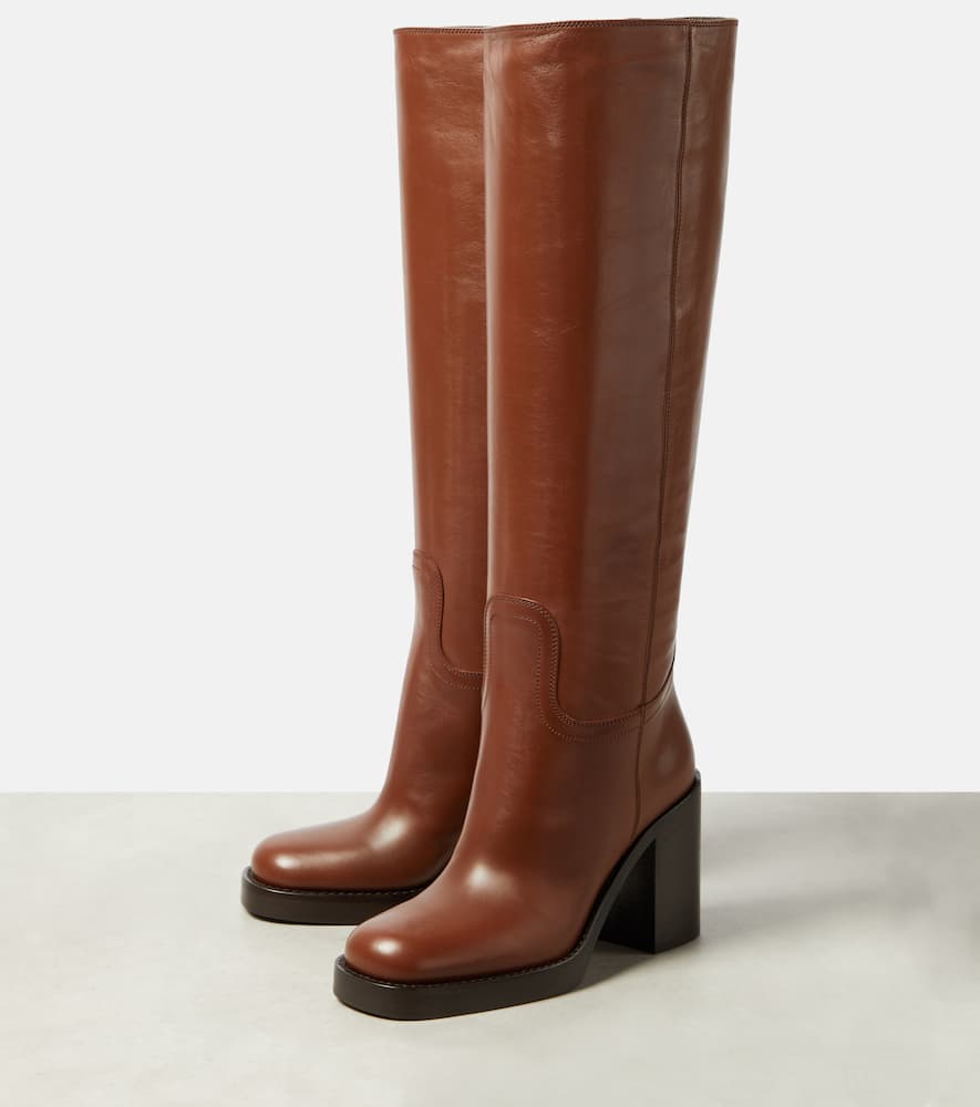 Prada Leather Knee-length Boots Block Heel In Brown