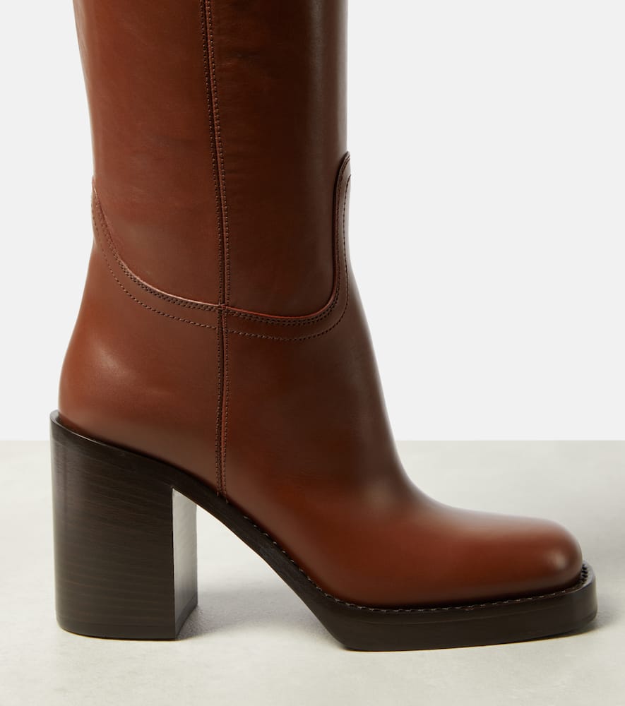 Prada Leather Knee-length Boots Block Heel In Brown