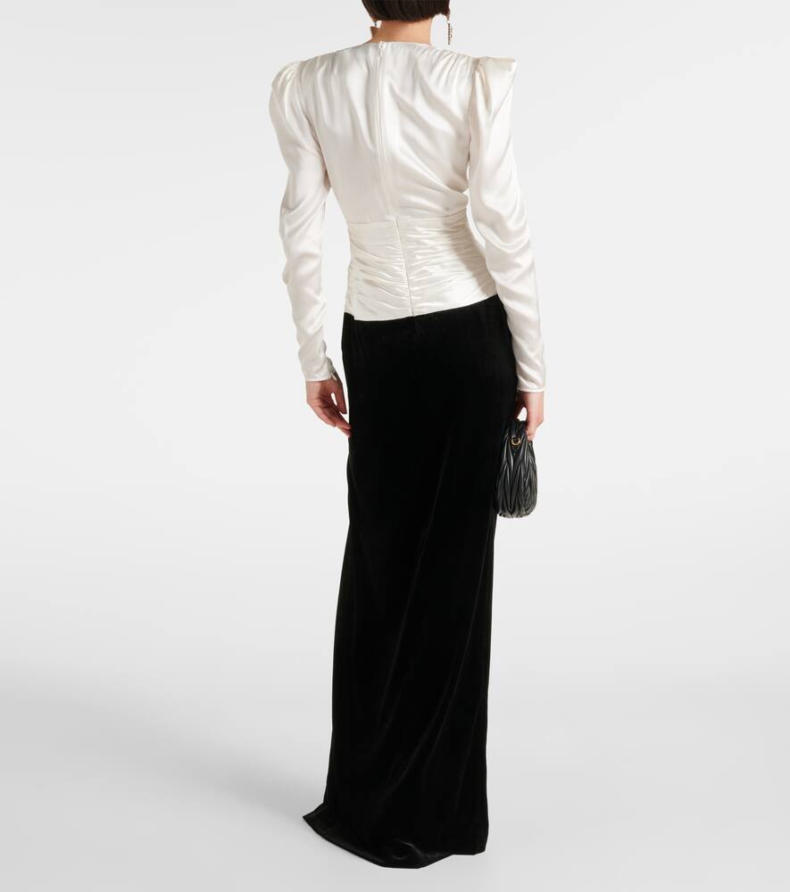 ALESSANDRA RICH BOW-DETAIL SATIN AND VELVET MAXI DRESS 