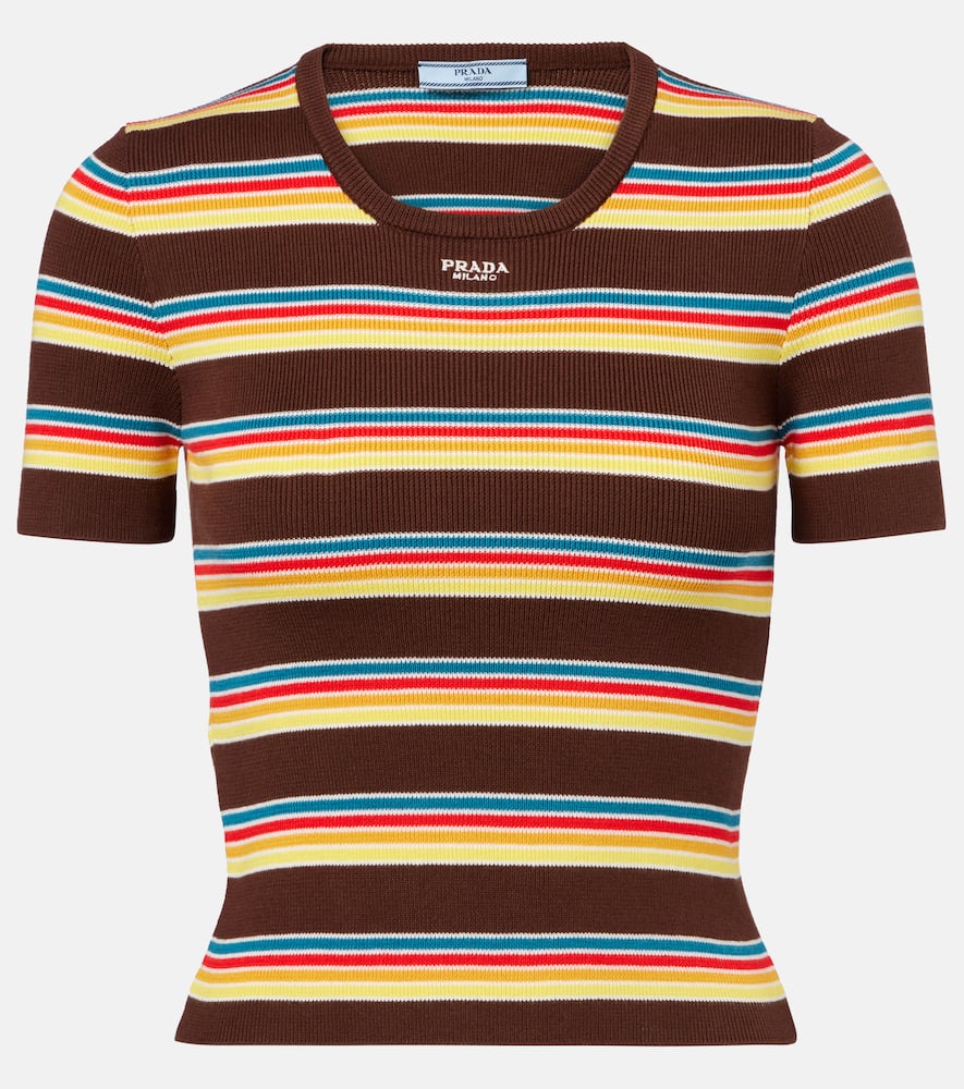 Prada Striped Rib Knit Cropped T-shirt In Braun