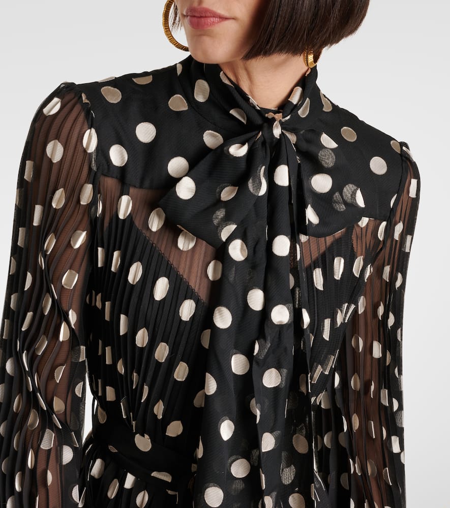 Zimmermann Polka Dot Long Sleeve Pleated Minidress With Removable Pussy Bow In Black