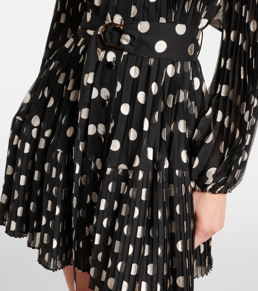 Zimmermann Polka Dot Long Sleeve Pleated Minidress With Removable Pussy Bow In Black