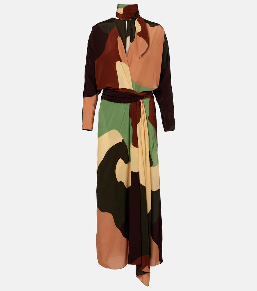 Printed scarf-detail silk maxi dress