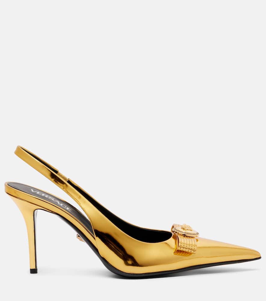 Versace Gianni Ribbon 85 Leather Slingback Pumps In Gold