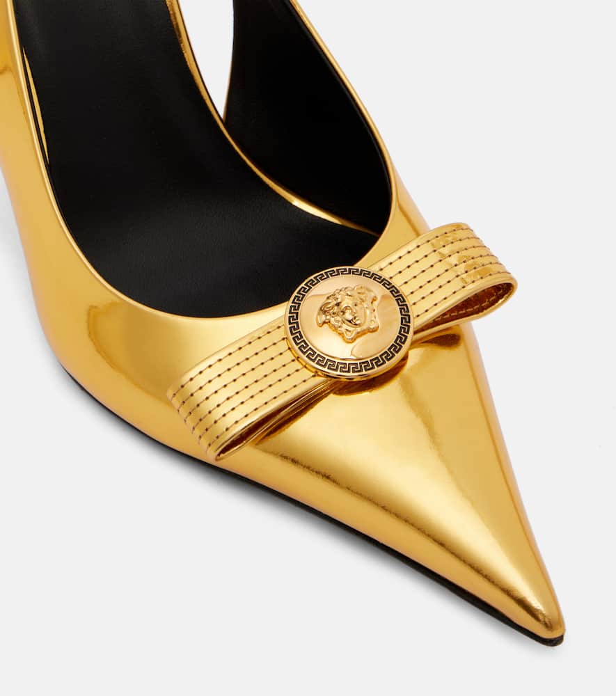 Versace Gianni Ribbon 85 Leather Slingback Pumps In Gold