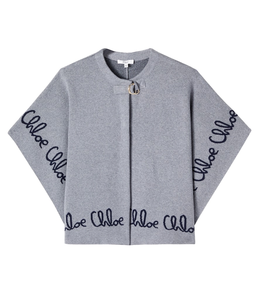 Chloé Kids Logo Cotton And Wool Cape In Gray