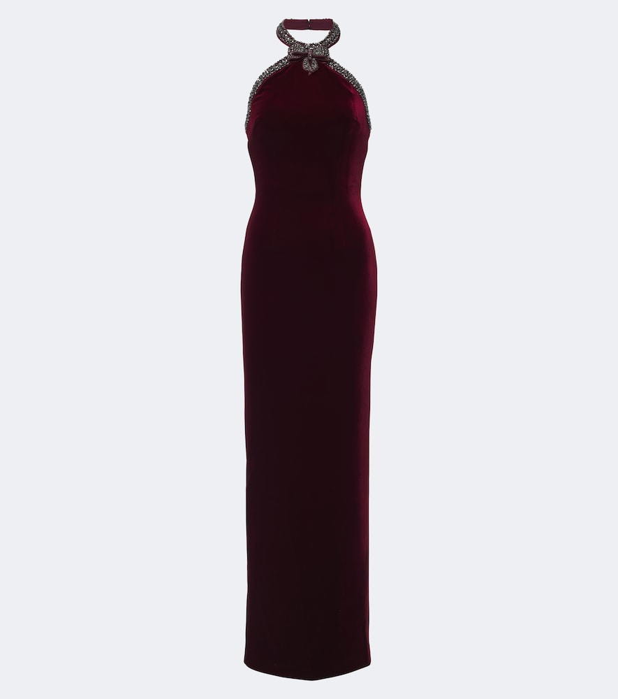 Self-portrait Embellished Halterneck Velvet Gown In Burgundy