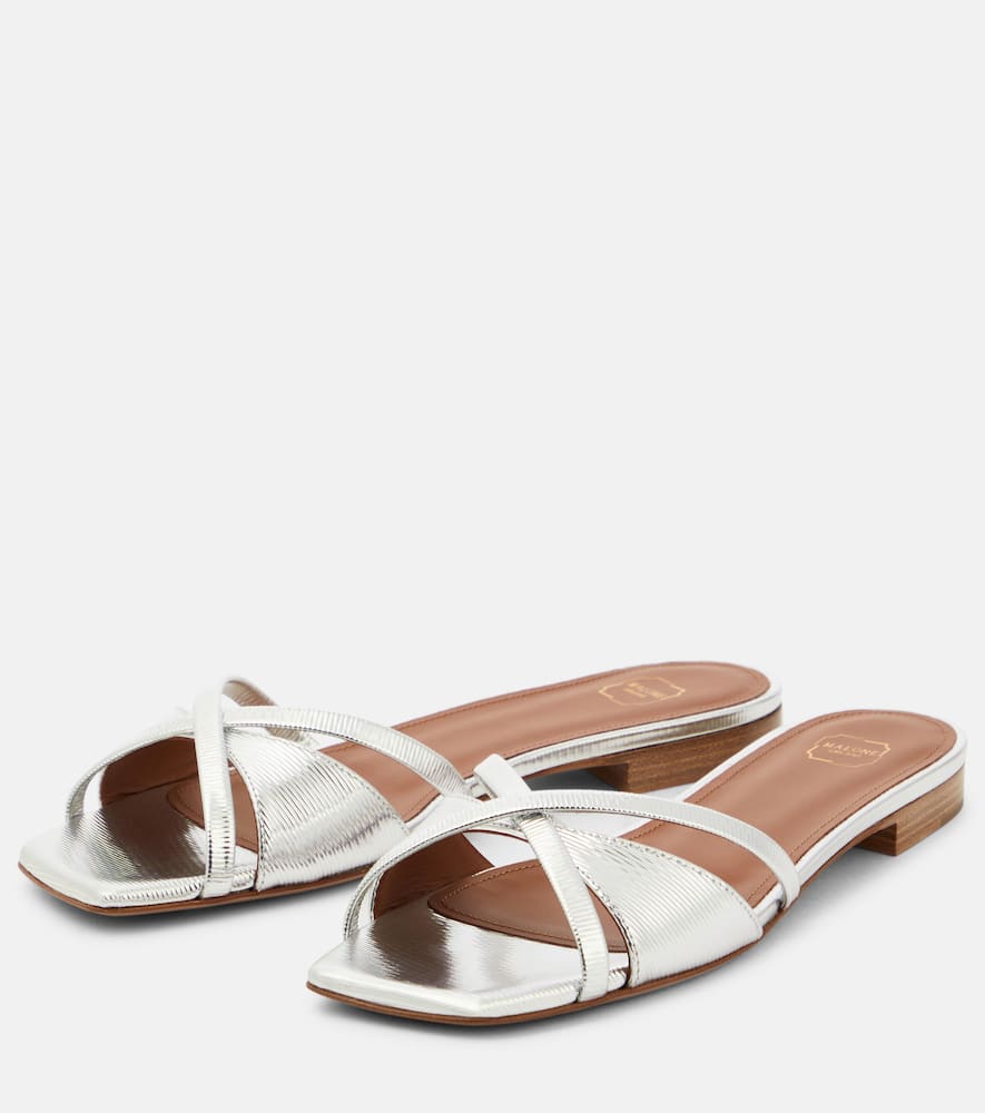 Shop Malone Souliers Penn Embossed Leather Slides In Silver/silver