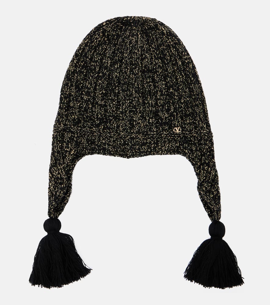 Valentino Vlogo Fringed Lurex Beanie In Black