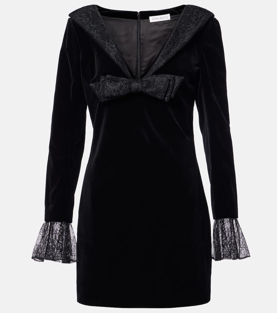 Nina Ricci Lace-trimmed Cotton Velvet Minidress In Black