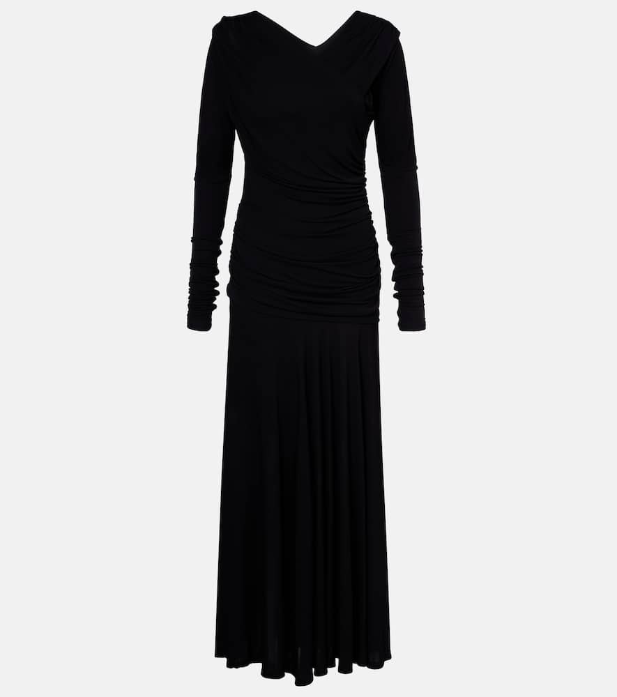 Ganni Interlock Jersey Crossover Ruched Long Dress Dresses Black In Black
