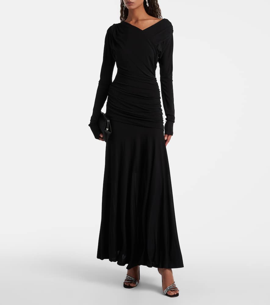 Ganni Interlock Jersey Crossover Ruched Long Dress Dresses Black In Black