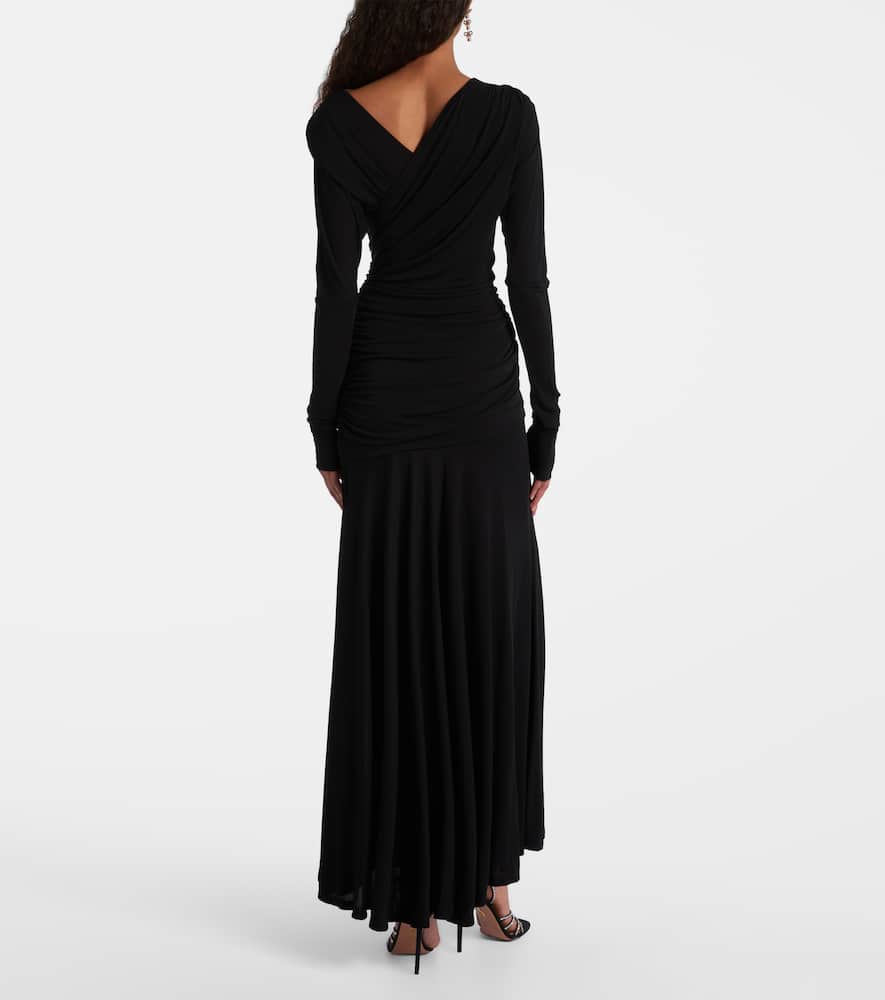 Ganni Interlock Jersey Crossover Ruched Long Dress Dresses Black In Black