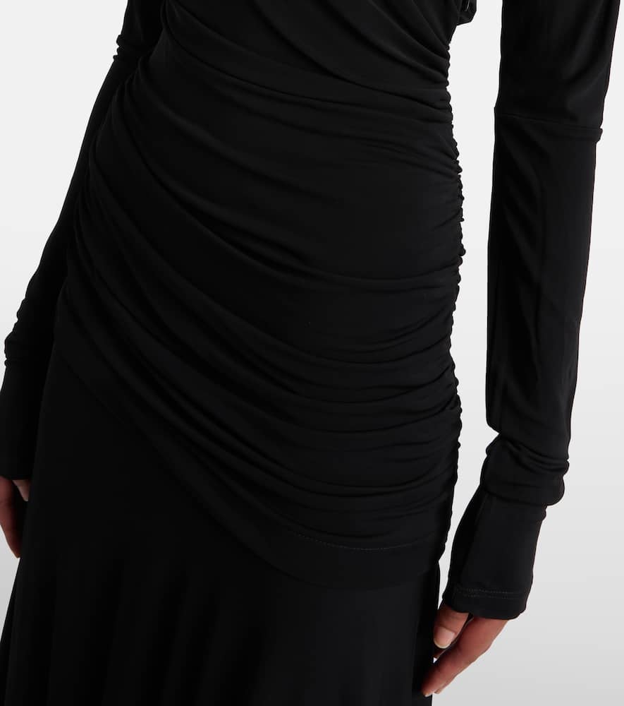 Ganni Interlock Jersey Crossover Ruched Long Dress Dresses Black In Black
