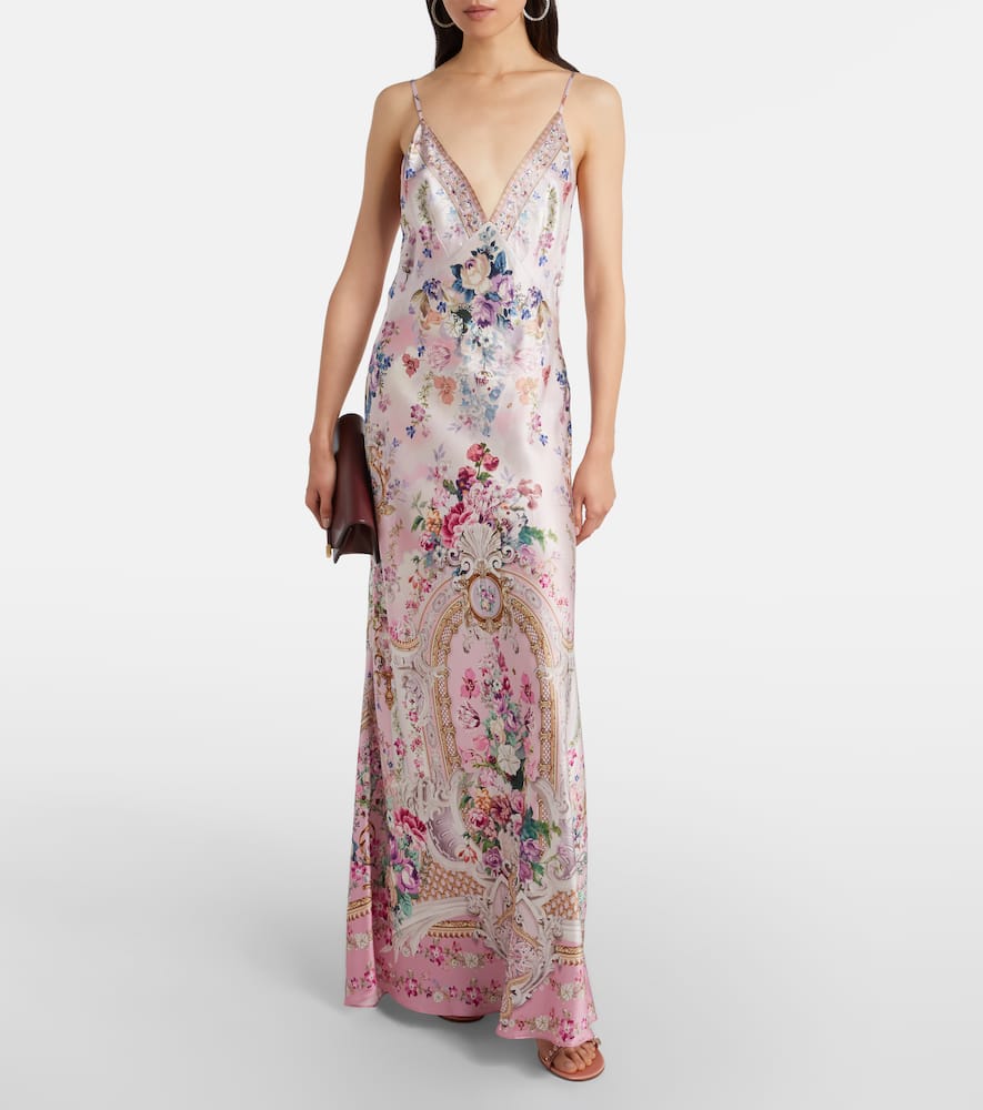 Camilla Embellished Floral Silk Satin Maxi Dress In Pink
