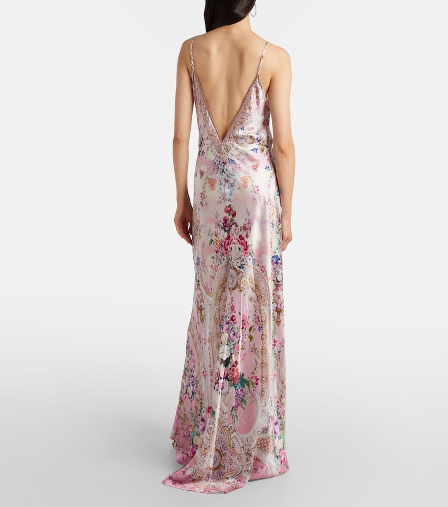 Camilla Embellished Floral Silk Satin Maxi Dress In Pink