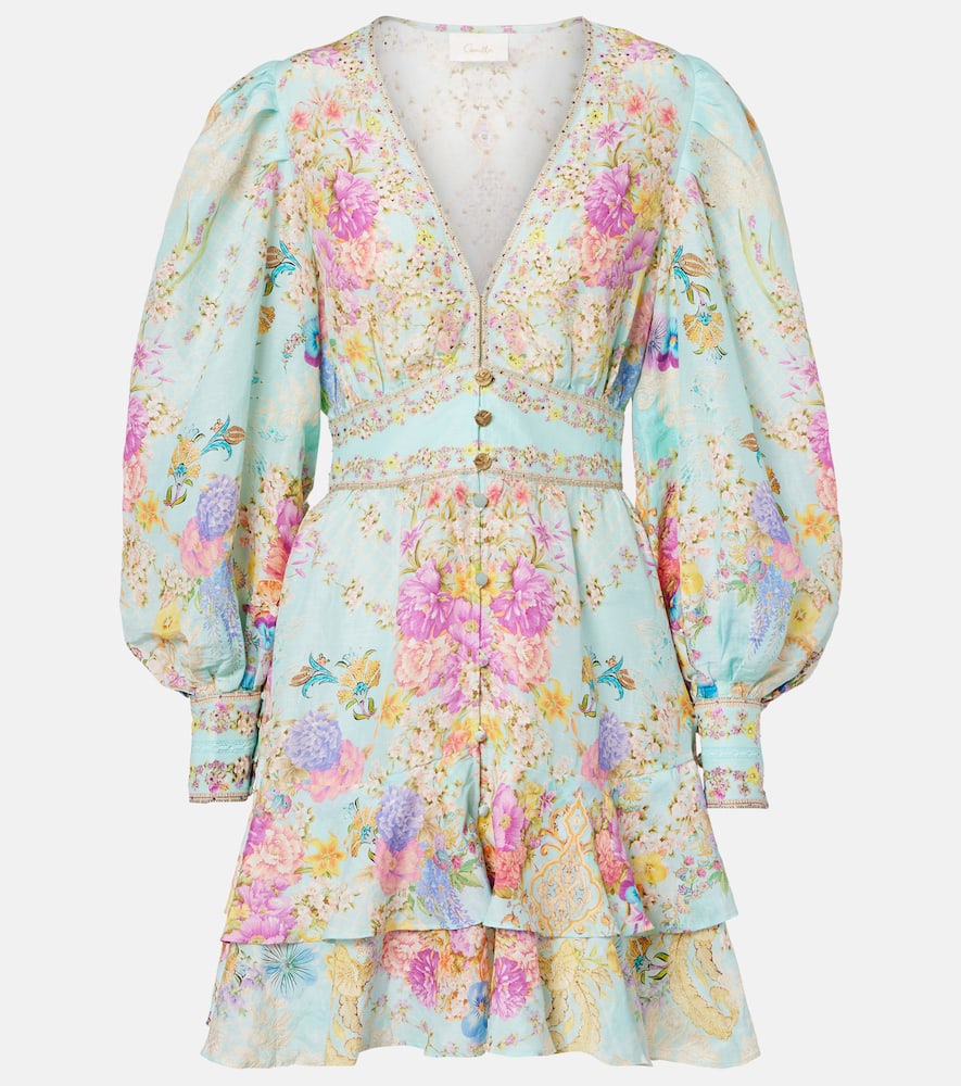Camilla Embellished Floral Linen And Silk Minidress In Blue