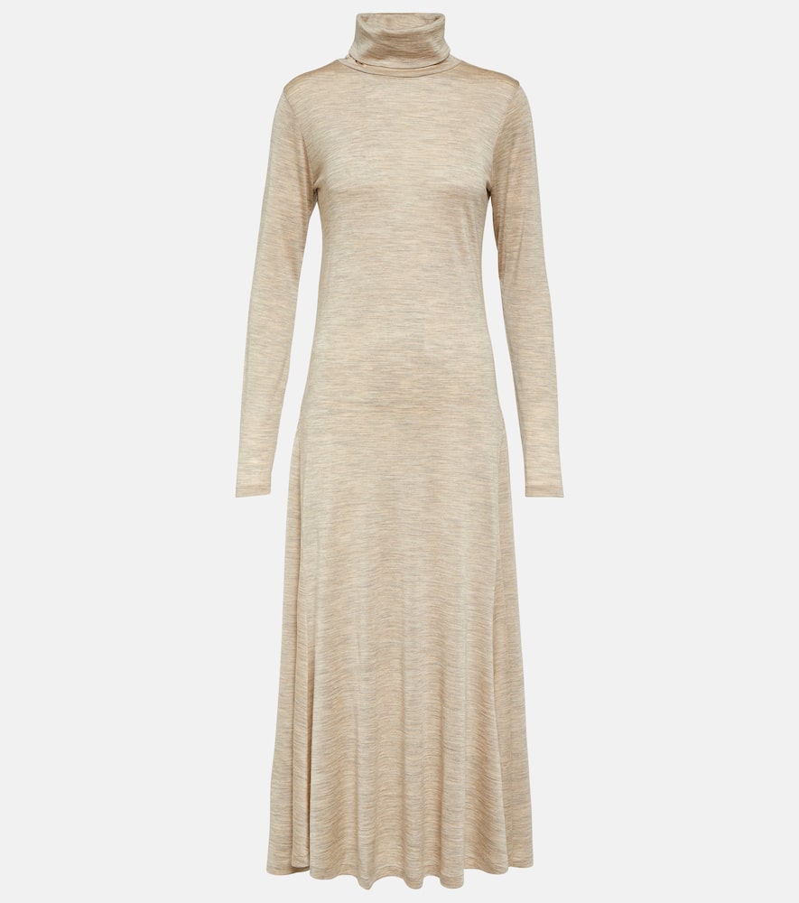 Polo Ralph Lauren Long Sleeve Turtleneck Wool Blend Jersey Dress In Beige