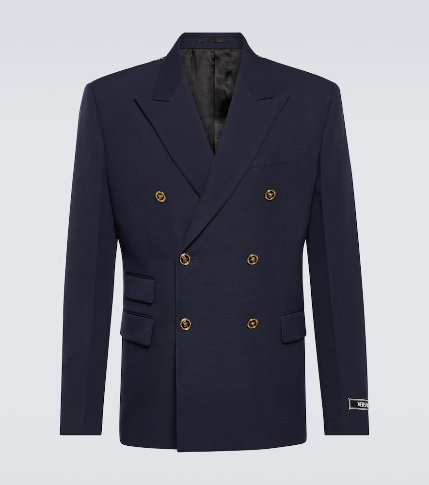 Shop Versace Double-breasted Grain De Poudre Blazer In Blue