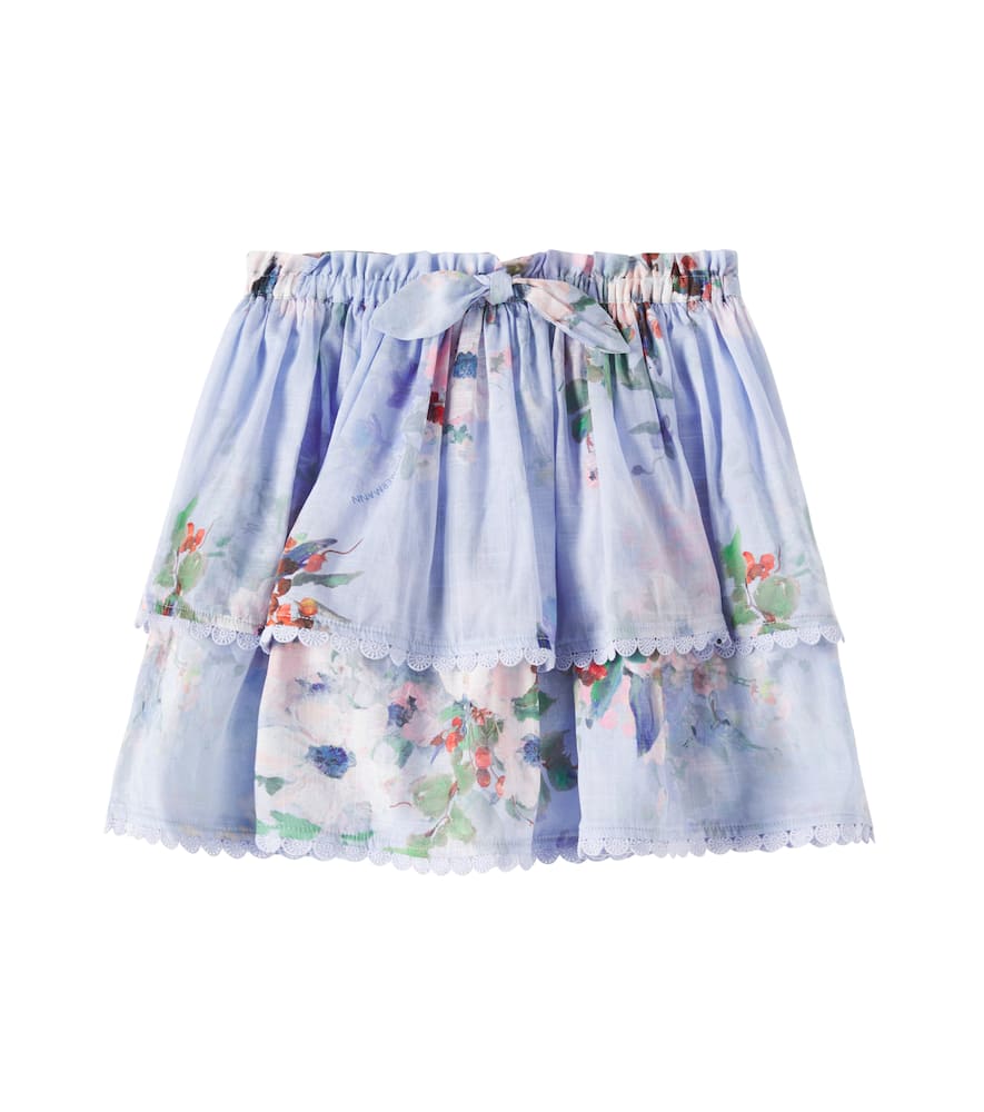 Zimmermann Kids Everley Floral-print Tiered Skirt In Blue