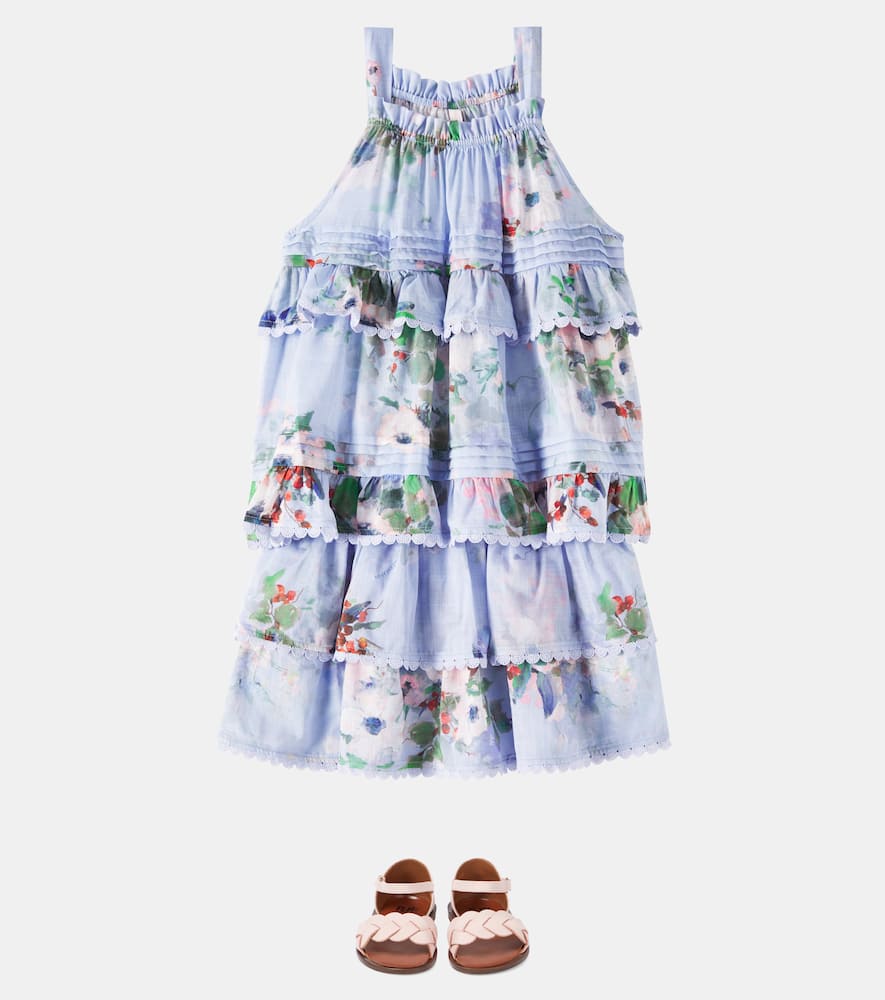 Zimmermann Kids Everley Floral-print Tiered Skirt In Blue