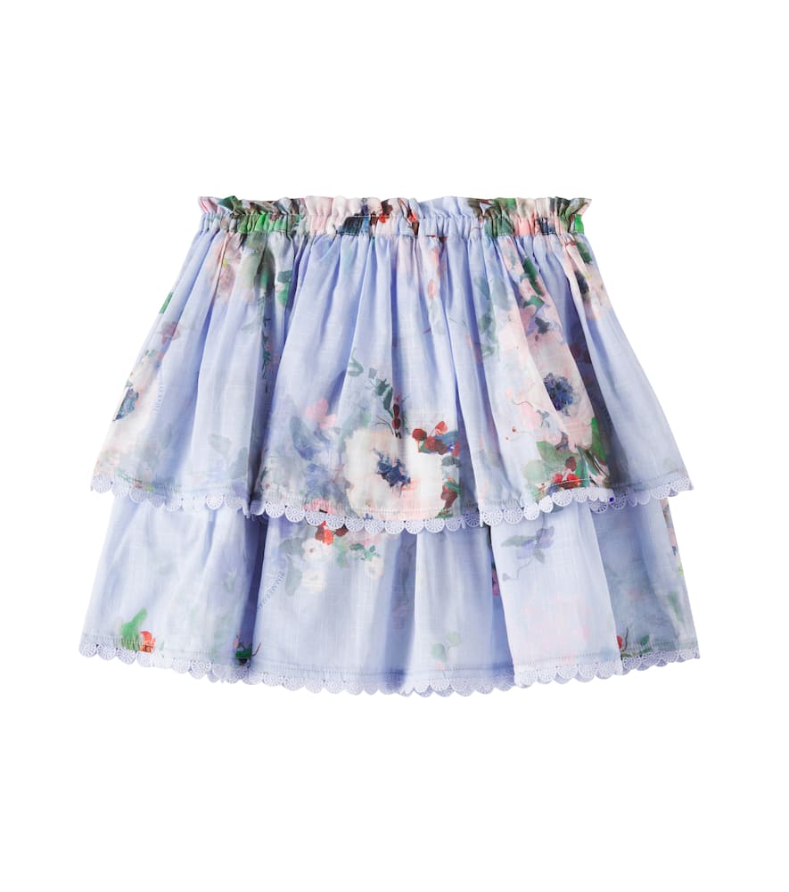 Zimmermann Kids Everley Floral-print Tiered Skirt In Blue