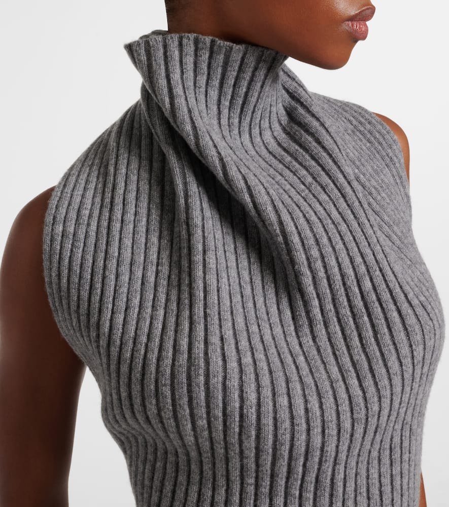 Victoria Beckham Draped Ribbed-knit Wool-blend Top In Gray