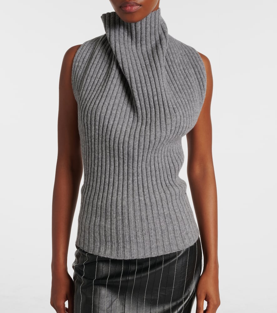 Victoria Beckham Draped Ribbed-knit Wool-blend Top In Gray