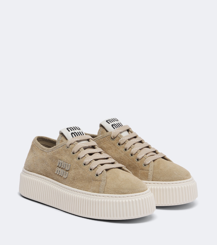 Miu Miu Suede Platform Sneakers In Beige