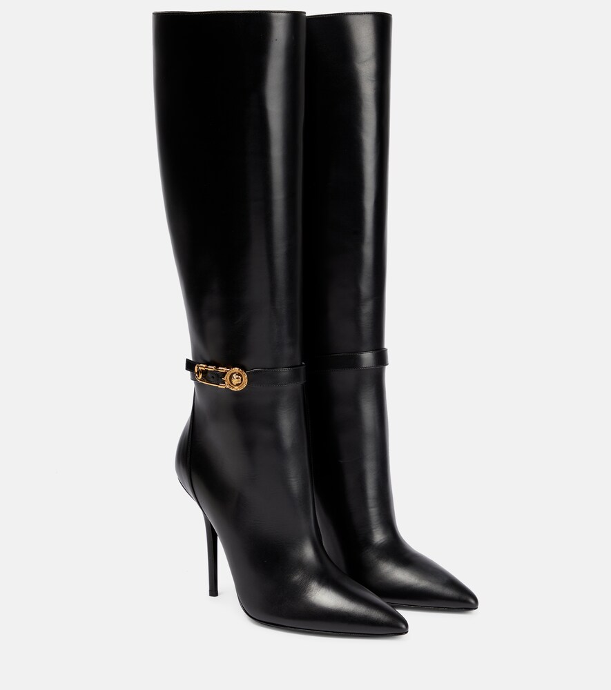 Versace Safety Pin Leather Boots In Black ModeSens