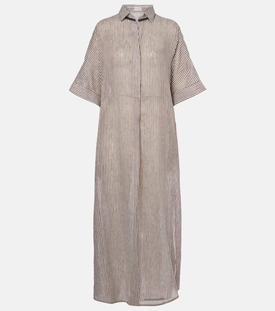 Brunello Cucinelli Oversized Bead-embellished Striped Linen And Silk-blend Organza Maxi Shirt Dress