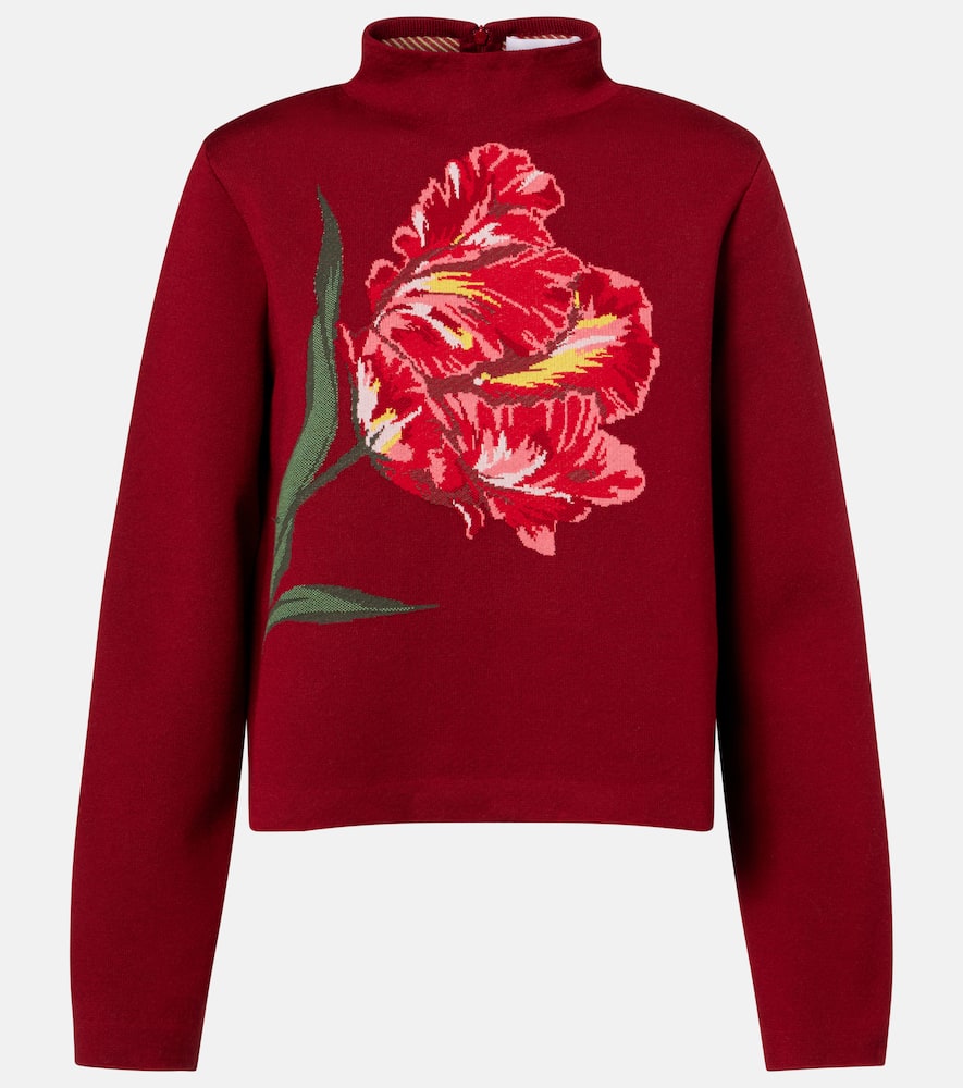 Carolina Herrera Floral Jacquard Cotton And Wool Sweater In Burgundy