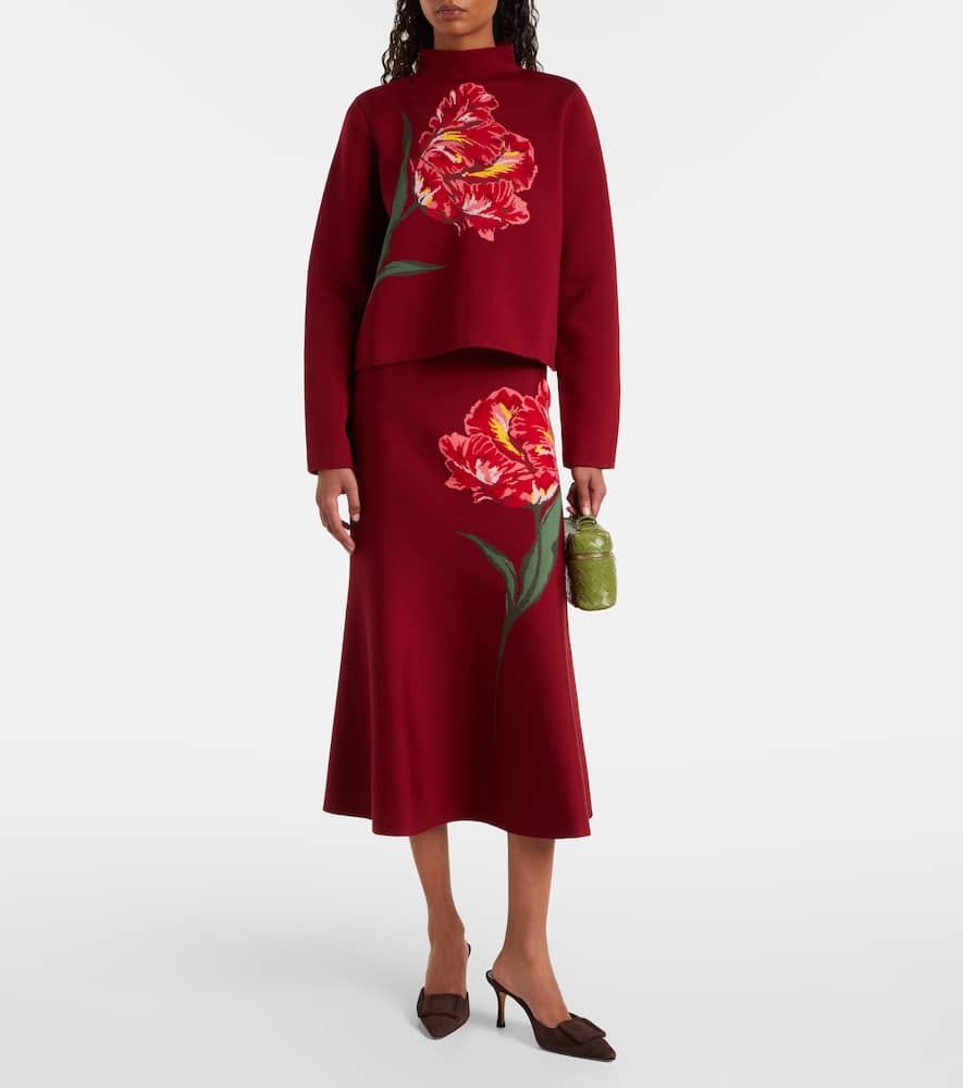 Carolina Herrera Floral Jacquard Cotton And Wool Sweater In Burgundy