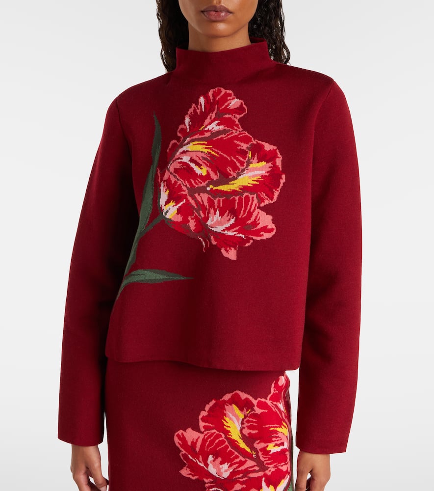 Carolina Herrera Floral Jacquard Cotton And Wool Sweater In Burgundy